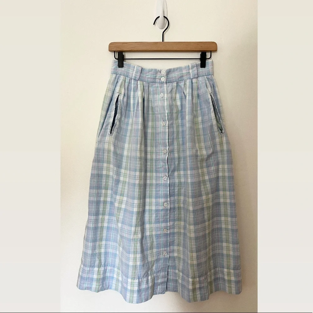 Vintage Cotton Plaid Midi Skirt - S - Picture 1 of 5